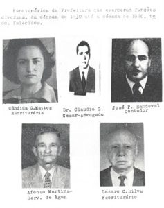 Funcionários da Prefeitura que exerceram funções diversas, da década de 1930 até a 1970, todos falecidos. Cândida Garcia de Mattos (escrituraria), Dr. Cláudio Guimarães César (advogado), José Flauzino Sandoval (contador), Afonso Martins (Serviço de Água) e Lázaro Custódio da Silva (escriturário)
