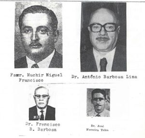Câmara de Vereadores de Ituverava do período Legislativo 1952 a 1955. (1) o jornalista Muchir Miguel Francisco, (2) o advogado e professor Dr. Antônio Barbosa Lima, (3) o advogado Dr. Francisco Basileu Barbosa, (4) o médico Dr. José Ferreira Telles (“Dr. Juquinha”). A Câmara também era composta por João Athayde de Souza, que foi prefeito, Uabi Germano, o professor Paulo Barbosa Falleiros, Alfredo Pimenta, Antonino Amendola, Miguel Jacob Daur, Affonso Rodrigues de Mendonça (“Nona”), Elífio Perez Quireza, Benedito Trajano Borges, Dinamérico de Menezes e Joaquim de Paula Neto.